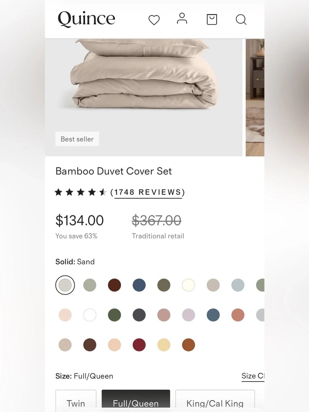 NWOT Quince Organic Bamboo 3 Pc Duvet Cover Set, Full/Queen (Sand)